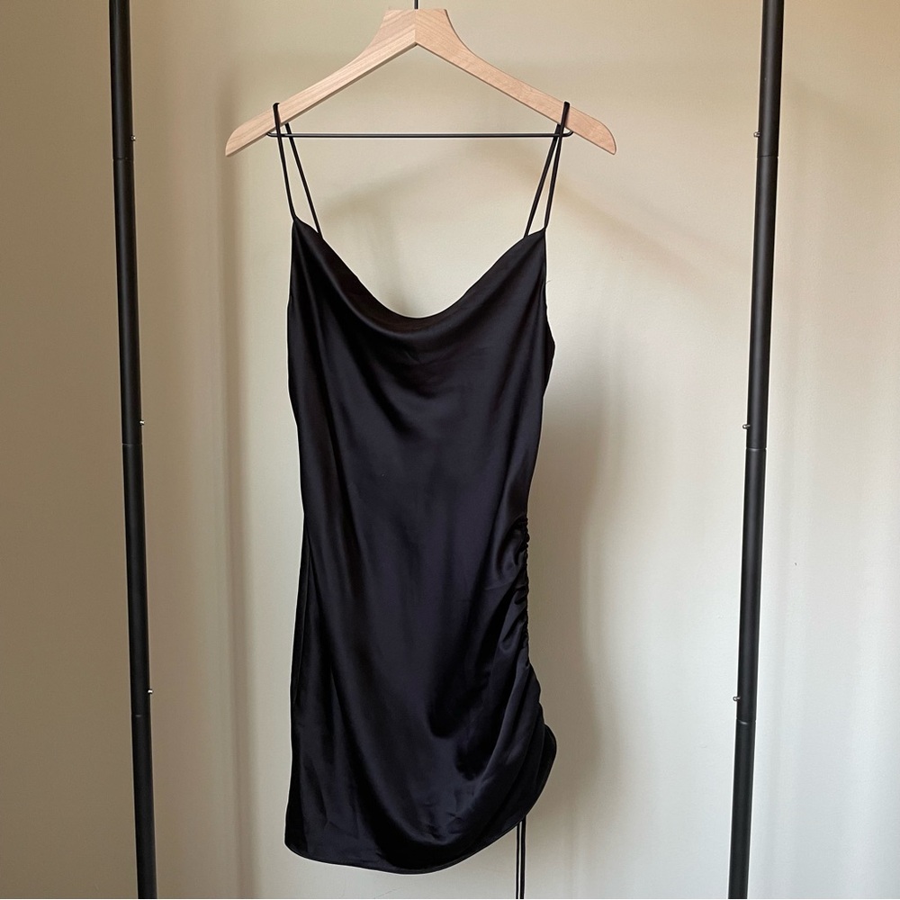 Topshop Ruched Satin Mini Slip Dress with Side Tie and Cowl Neck in Black